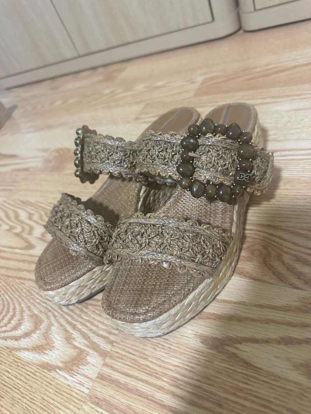 Sam Edelman Cadance Cuoio Raffia Open Toe Embellished Wedge Heeled Sandals (Cuoi